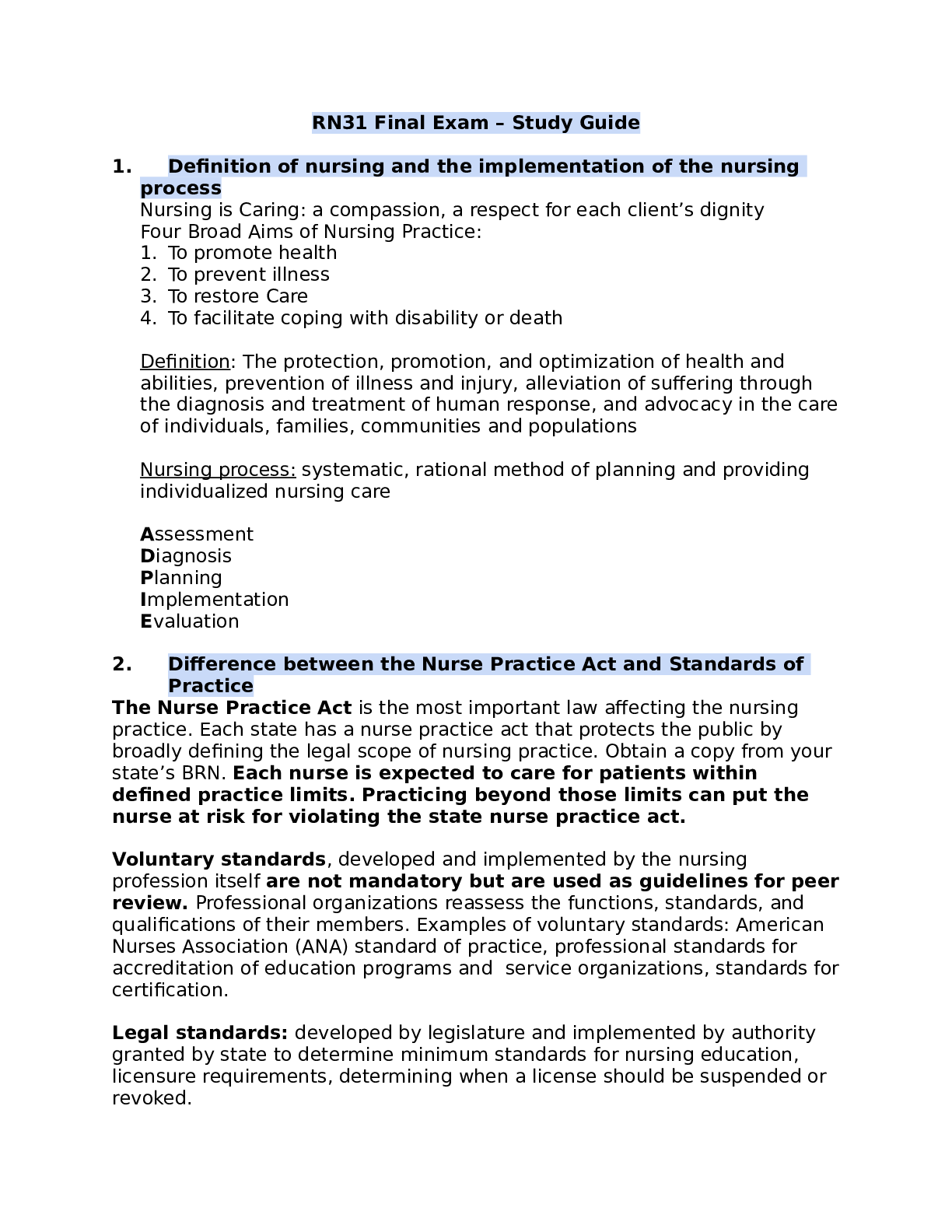 Preview image of RN 31 FINAL EXAM STUDY GUIDE document